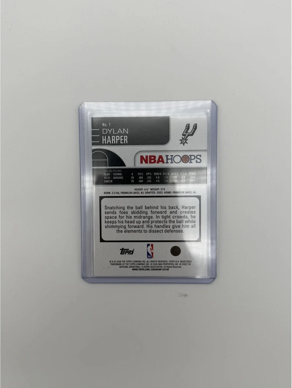 2021-22 NBA Hoops Dylan Harper Rookie Card San Antonio Spurs